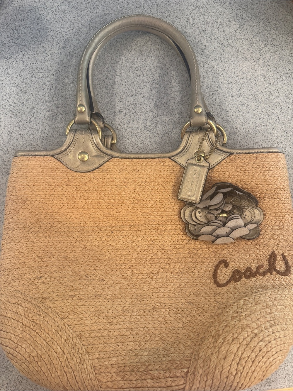 Coach Natural Straw Tote with Gold Leather Trim and Floral Appliqué